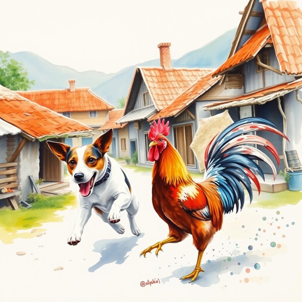 Watercolor painting of a dog chasing a rooster in a village, award winning picture, best quality
