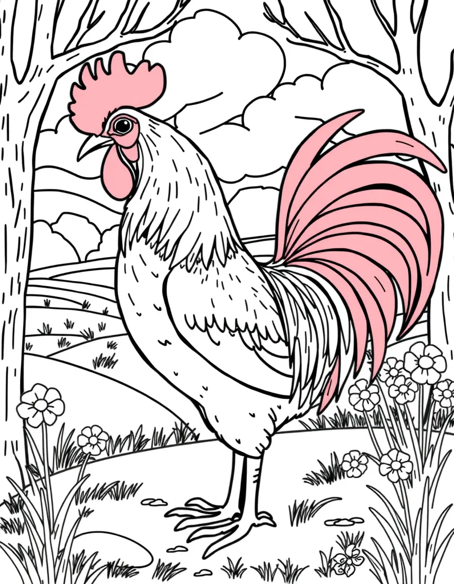 Art style: coloring page for kids. Content: (France) A rooster (France’s national animal) crowing in the countryside