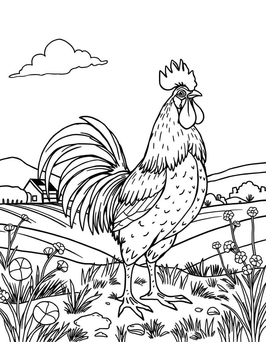Art style: coloring page for kids. Content: (France) A rooster (France’s national animal) crowing in the countryside