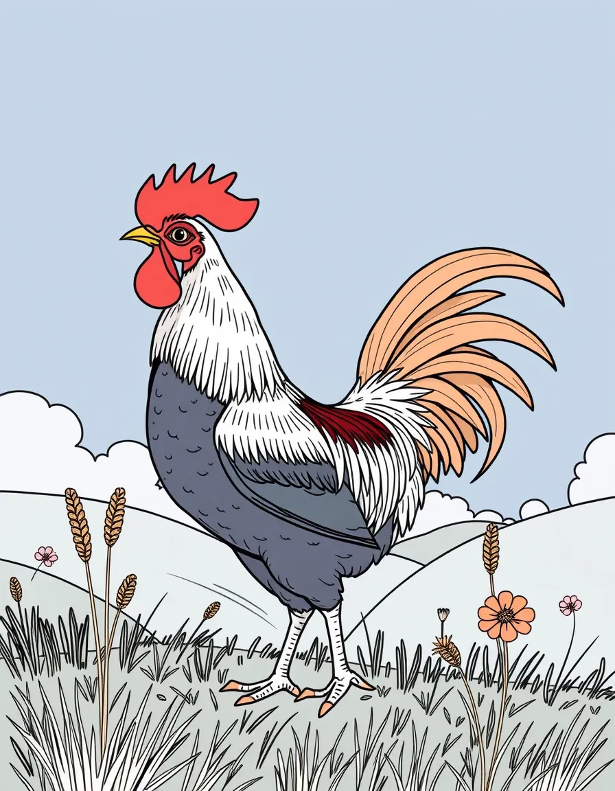 Art style: colored line art, lineart. Content: (France) A rooster (France’s national animal) crowing in the countryside