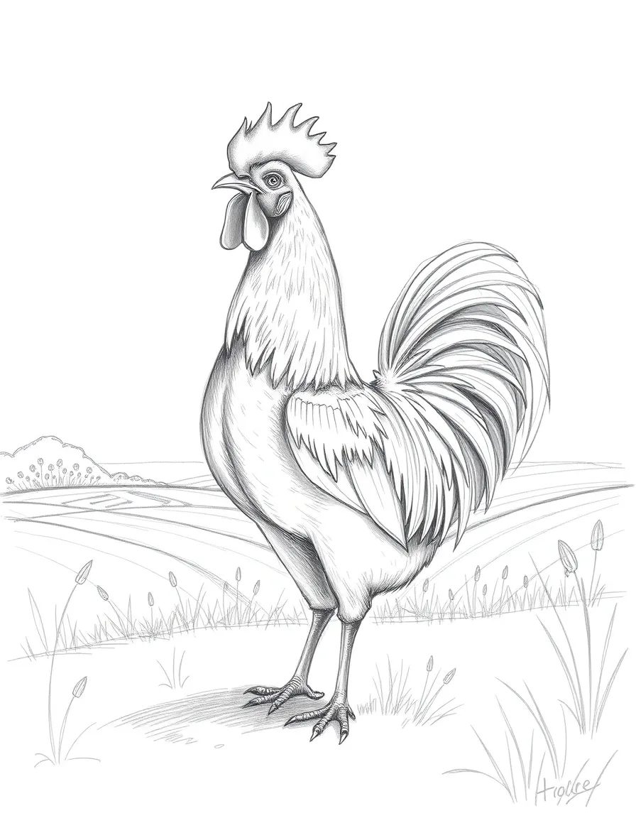 Art style: pencil sketch. Content: (France) A rooster (France’s national animal) crowing in the countryside