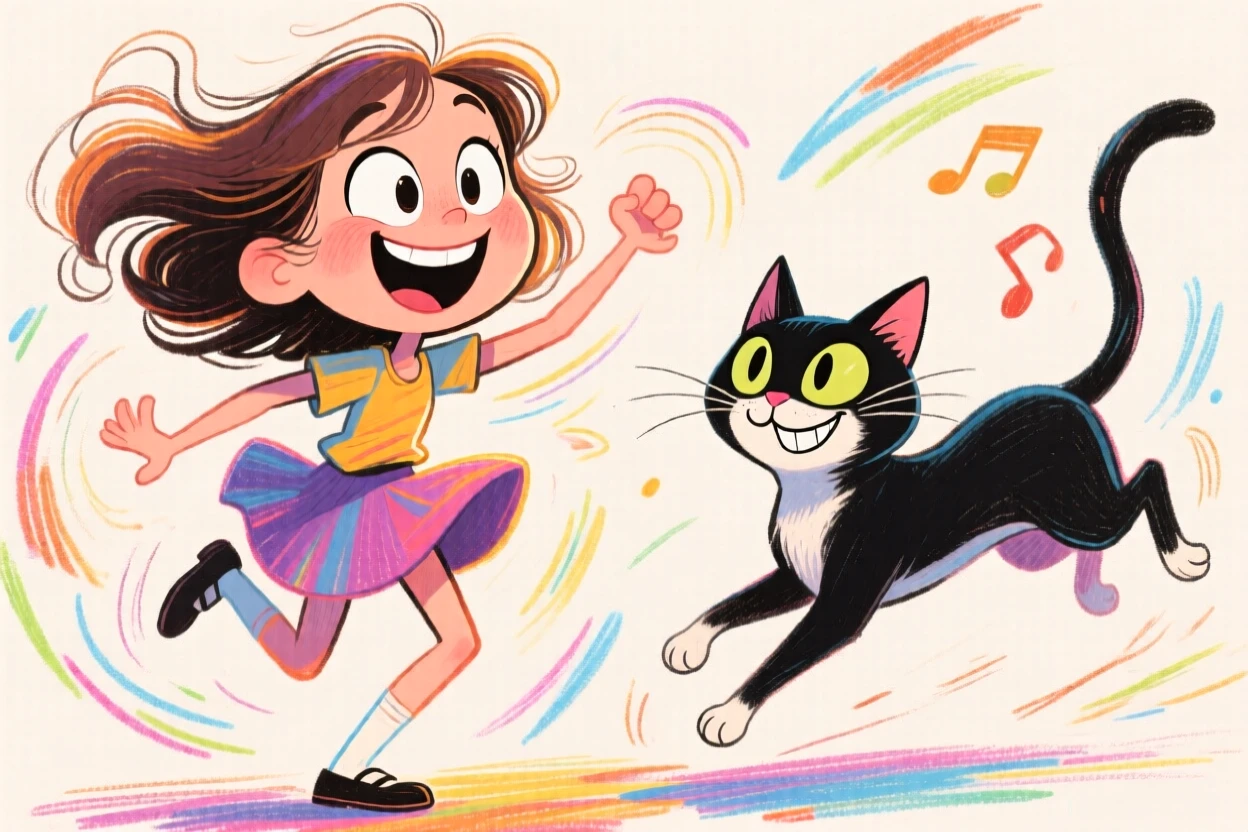A girl dancing with a cat