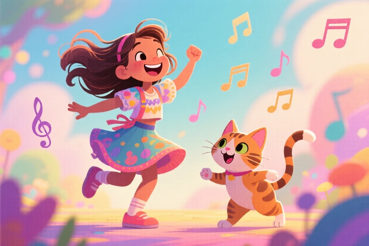 cartoon picture of a girl dancing with a cat