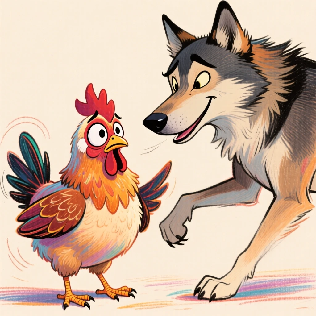 A shy chicken is trying to chicken out. And a wolfdog is forcing her to move forward.