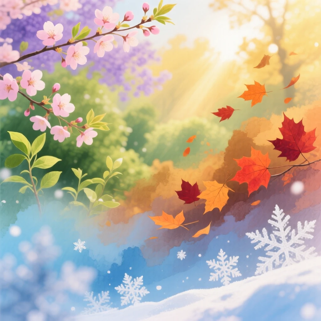 A dreamy, abstract background that seamlessly blends the four seasons into one image. Spring is represented with soft pastel blossoms and fresh green hues, summer with warm golden sunlight and lush greenery, autumn with rich amber, orange, and crimson tones, and winter with cool icy blues, frosty whites, and delicate snowflakes. The transitions between the seasons should be smooth and painterly, with a soft blur effect that makes the scene look like a glowing watercolor gradient. The entire composition should feel harmonious, ethereal, and suitable as a blurred artistic background.
