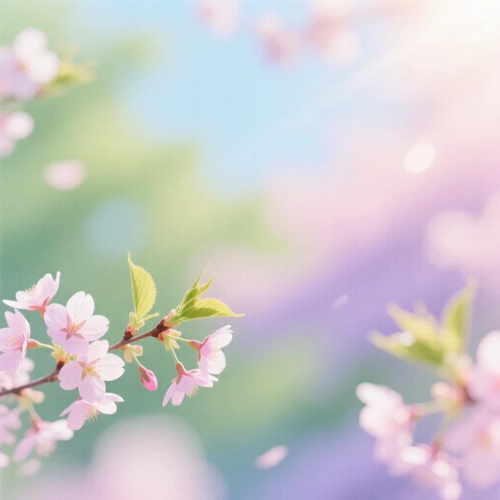 A dreamy blurry background inspired by springtime — soft pastel colors, gentle gradients of fresh green, light pink, lavender, and sky blue. Hints of blossoming cherry blossoms, new leaves, and sunlight filtering through. The blur effect should be smooth and artistic, giving a fresh, airy, and uplifting springtime feel.