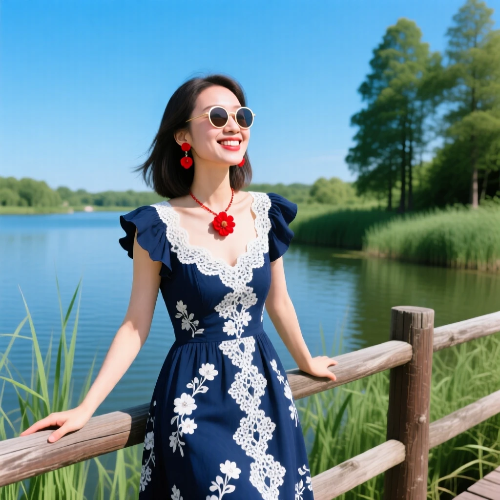a woman is standing on a wooden railing by a body of water, possibly a lake or river, under a clear blue sky. She is chinese and is wearing a dark blue and white floral lace-patterned dress with ruffled sleeves. She has shoulder-length hair and is wearing round sunglasses, red earrings, and a necklace with a red flower pendant. She is smiling and appears to be enjoying a sunny day outdoors. The background features water, green reeds, and trees, giving the scene a peaceful, natural atmosphere.
