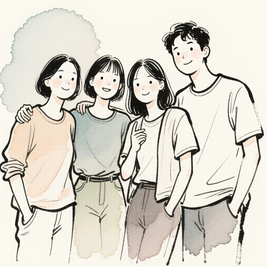 Create a "line and wash" illustration featuring clean, expressive ink contour lines paired with soft, translucent watercolor washes. The line work should define the major forms and details, while the watercolor fills add gentle, natural color with slight bleeding beyond the lines for an organic feel. Emphasize a hand-drawn aesthetic with a light, sketchy quality and a simplified background to keep the focus on the main subject. Content: four people are posing.