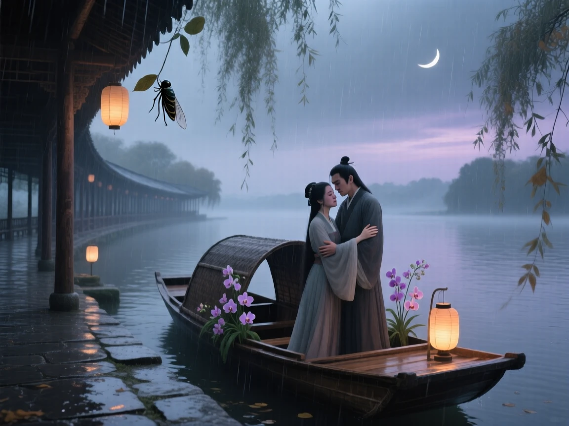 给这首古诗配图:
雨霖鈴

寒蟬凄切。
對長亭晚，驟雨初歇。
都門帳飲無緒，方留戀處，蘭舟催發。
執手相看淚眼，竟無語凝噎。
念去去、千里煙波，暮靄沈沈楚天闊。

多情自古傷離別。
更那堪、冷落清秋節。
今宵酒醒何處，楊柳岸、曉風殘月。
此去經年，應是良辰好景虛設。
便縱有、千種風情，更與何人說。
