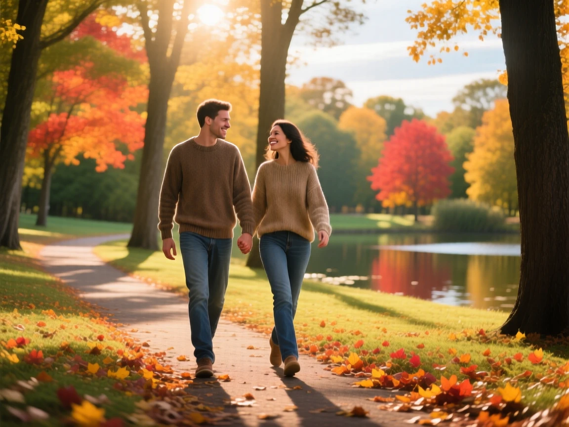 A couple walking in a park.