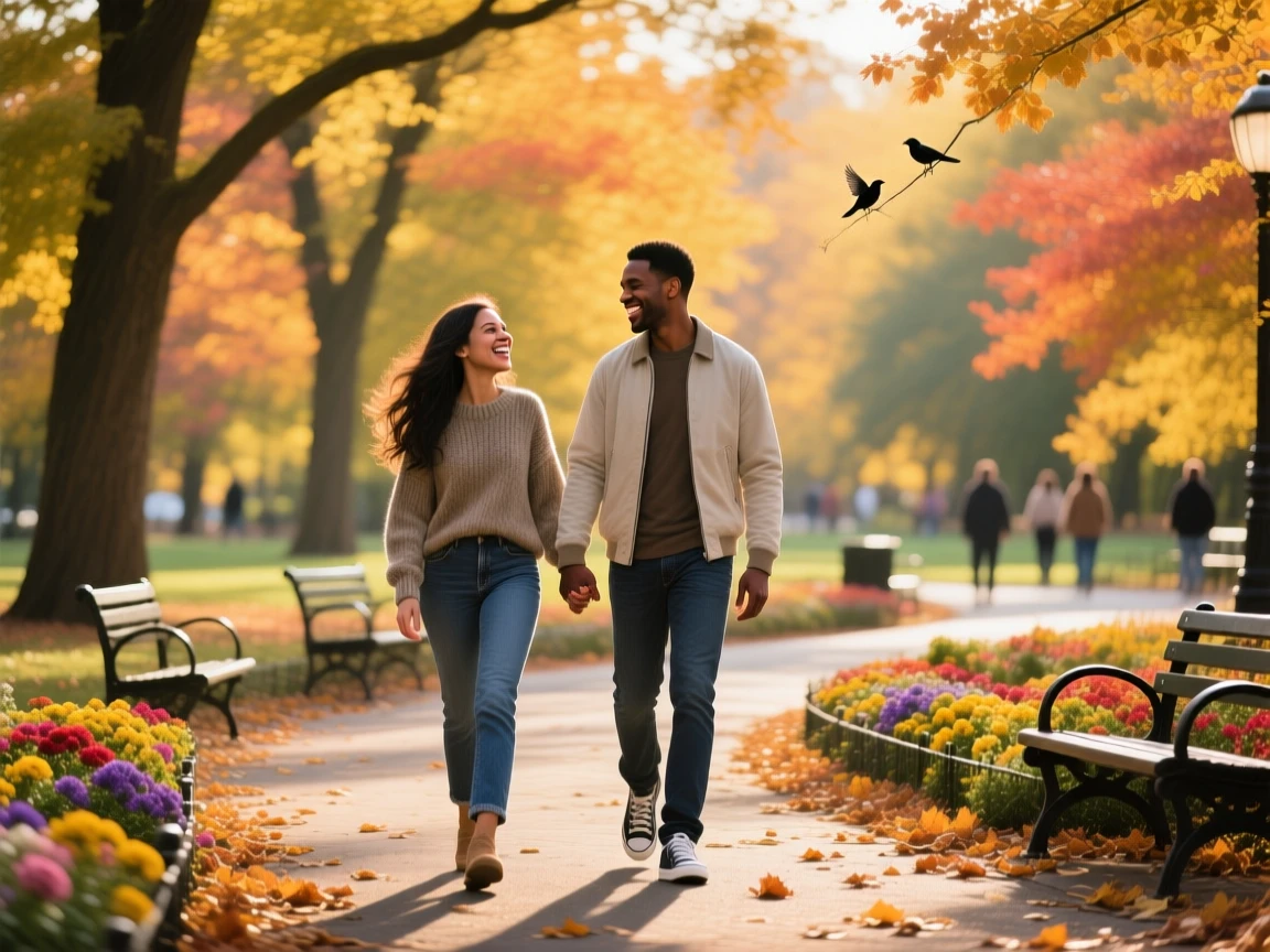 A couple walking in a park.