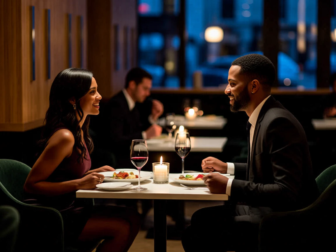 A couple having dinner in a restaurant.