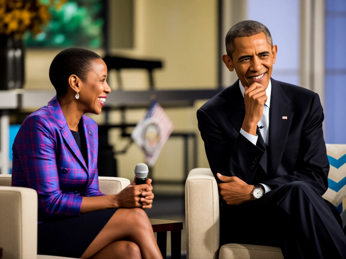 A medium two-shot of Robin Roberts interviewing Barack Obama
