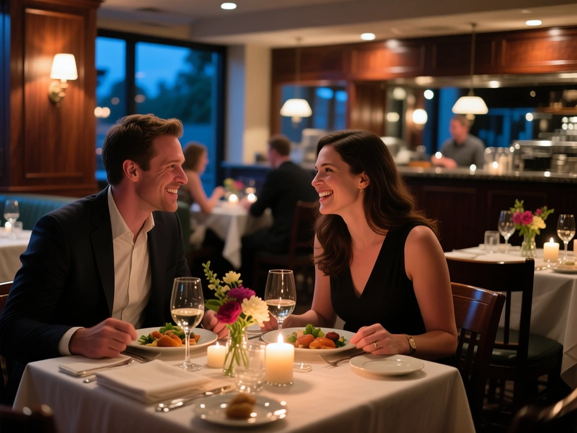 A couple having dinner in a restaurant.