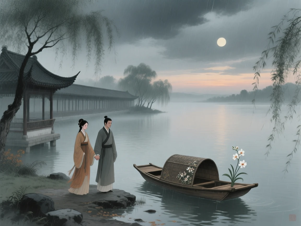 给这首古诗配图:
雨霖鈴

寒蟬凄切。
對長亭晚，驟雨初歇。
都門帳飲無緒，方留戀處，蘭舟催發。
執手相看淚眼，竟無語凝噎。
念去去、千里煙波，暮靄沈沈楚天闊。

多情自古傷離別。
更那堪、冷落清秋節。
今宵酒醒何處，楊柳岸、曉風殘月。
此去經年，應是良辰好景虛設。
便縱有、千種風情，更與何人說。