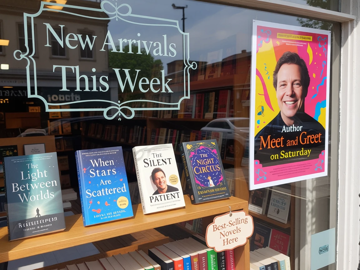 Bookstore window display. A sign displays “New Arrivals This Week”. Below, a shelf tag with the text “Best-Selling Novels Here”. To the side, a colorful poster advertises “Author Meet And Greet on Saturday” with a central portrait of the author. There are four books on the bookshelf, namely “The light between worlds” “When stars are scattered” “The slient patient” “The night circus”