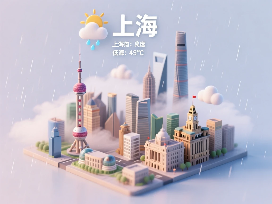 Present a clear, 45° top-down view of a vertical (9:16) isometric miniature 3D cartoon scene, highlighting iconic landmarks centered in the composition to showcase precise and delicate modeling.

The scene features soft, refined textures with realistic PBR materials and gentle, lifelike lighting and shadow effects. Weather elements are creatively integrated into the urban architecture, establishing a dynamic interaction between the city's landscape and atmospheric conditions, creating an immersive weather ambiance.

Use a clean, unified composition with minimalistic aesthetics and a soft, solid-colored background that highlights the main content. The overall visual style is fresh and soothing.

Display a prominent weather icon at the top-center, with the date (x-small text) and temperature range (medium text) beneath it. The city name (large text) is positioned directly above the weather icon. The weather information has no background and can subtly overlap with the buildings.

The text should match the input city's native language.
Please retrieve current weather conditions for the specified city before rendering.

City name:【上海】