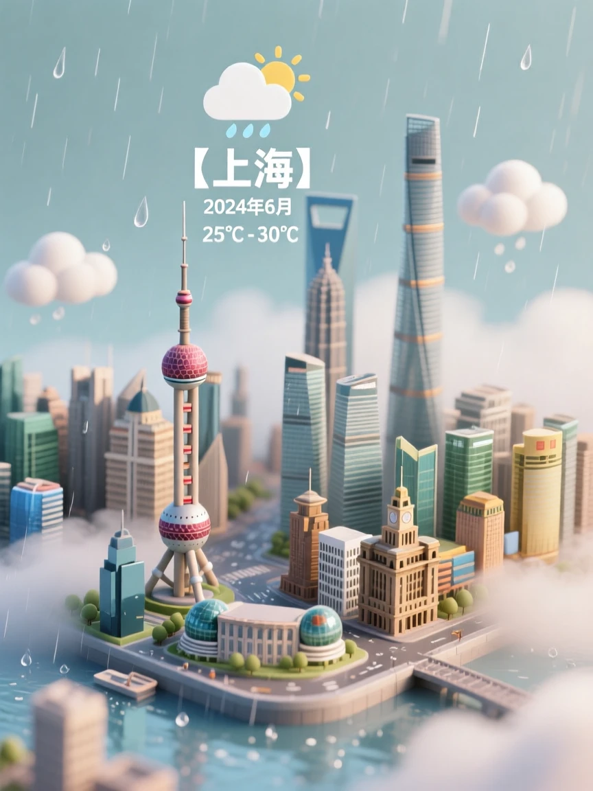 Present a clear, 45° top-down view of a vertical (9:16) isometric miniature 3D cartoon scene, highlighting iconic landmarks centered in the composition to showcase precise and delicate modeling.

The scene features soft, refined textures with realistic PBR materials and gentle, lifelike lighting and shadow effects. Weather elements are creatively integrated into the urban architecture, establishing a dynamic interaction between the city's landscape and atmospheric conditions, creating an immersive weather ambiance.

Use a clean, unified composition with minimalistic aesthetics and a soft, solid-colored background that highlights the main content. The overall visual style is fresh and soothing.

Display a prominent weather icon at the top-center, with the date (x-small text) and temperature range (medium text) beneath it. The city name (large text) is positioned directly above the weather icon. The weather information has no background and can subtly overlap with the buildings.

The text should match the input city's native language.
Please retrieve current weather conditions for the specified city before rendering.

City name:【上海】