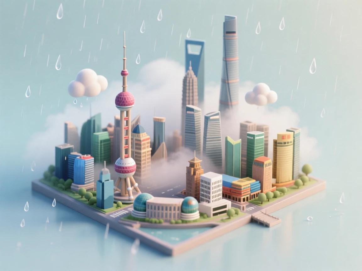 Present a clear, 45° top-down view of a vertical (9:16) isometric miniature 3D cartoon scene, highlighting iconic landmarks centered in the composition to showcase precise and delicate modeling.

The scene features soft, refined textures with realistic PBR materials and gentle, lifelike lighting and shadow effects. Weather elements are creatively integrated into the urban architecture, establishing a dynamic interaction between the city's landscape and atmospheric conditions, creating an immersive weather ambiance.

Use a clean, unified composition with minimalistic aesthetics and a soft, solid-colored background that highlights the main content. The overall visual style is fresh and soothing.

City name:【上海】