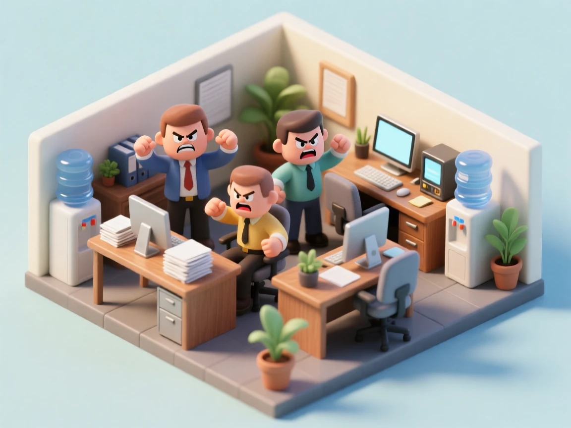 Present a clear, 45° top-down view of a vertical (9:16) isometric miniature 3D cartoon scene, highlighting iconic landmarks centered in the composition to showcase precise and delicate modeling.

The scene features soft, refined textures with realistic PBR materials and gentle, lifelike lighting and shadow effects. Use a clean, unified composition with minimalistic aesthetics and a soft, solid-colored background that highlights the main content. The overall visual style is fresh and soothing.

Here is the scene:
Three angry workers in an office.