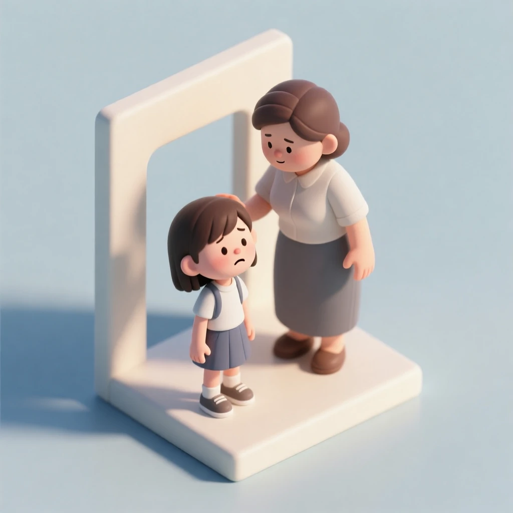 Present a clear, 45° top-down view of a vertical (9:16) isometric miniature 3D cartoon scene, highlighting iconic landmarks centered in the composition to showcase precise and delicate modeling.

The scene features soft, refined textures with realistic PBR materials and gentle, lifelike lighting and shadow effects. Use a clean, unified composition with minimalistic aesthetics and a soft, solid-colored background that highlights the main content. The overall visual style is fresh and soothing.

Here is the scene:
A shy teenager girl is trying to chicken out. And her mom is forcing her to move forward.