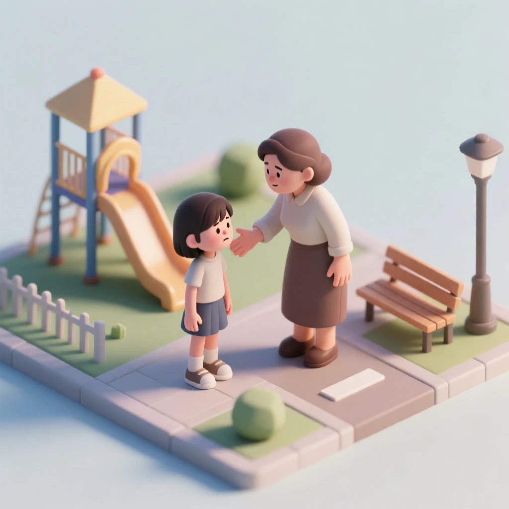 Present a clear, 45° top-down view of a vertical (9:16) isometric miniature 3D cartoon scene, highlighting iconic landmarks centered in the composition to showcase precise and delicate modeling.

The scene features soft, refined textures with realistic PBR materials and gentle, lifelike lighting and shadow effects. Use a clean, unified composition with minimalistic aesthetics and a soft, solid-colored background that highlights the main content. The overall visual style is fresh and soothing.

Here is the scene:
A shy teenager girl is trying to chicken out. And her mom is forcing her to move forward.