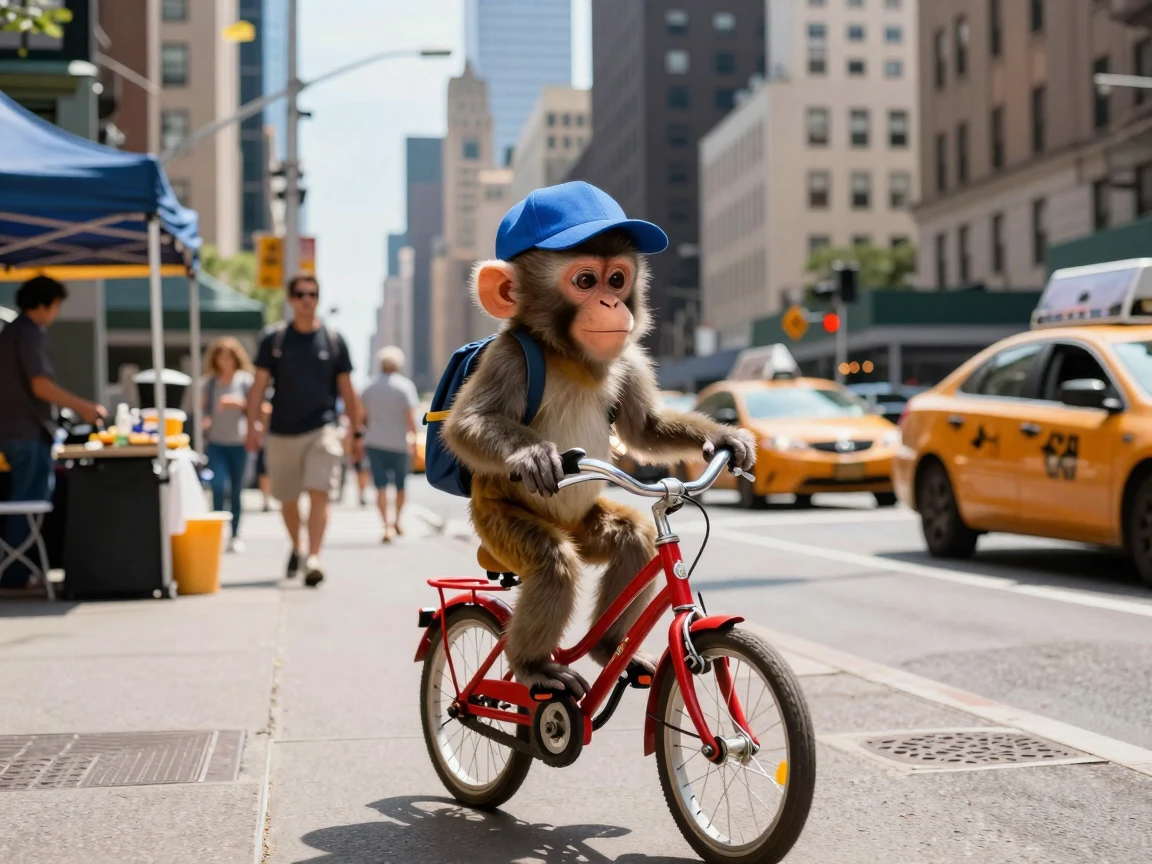 A cute monkey is riding a bike in NYC