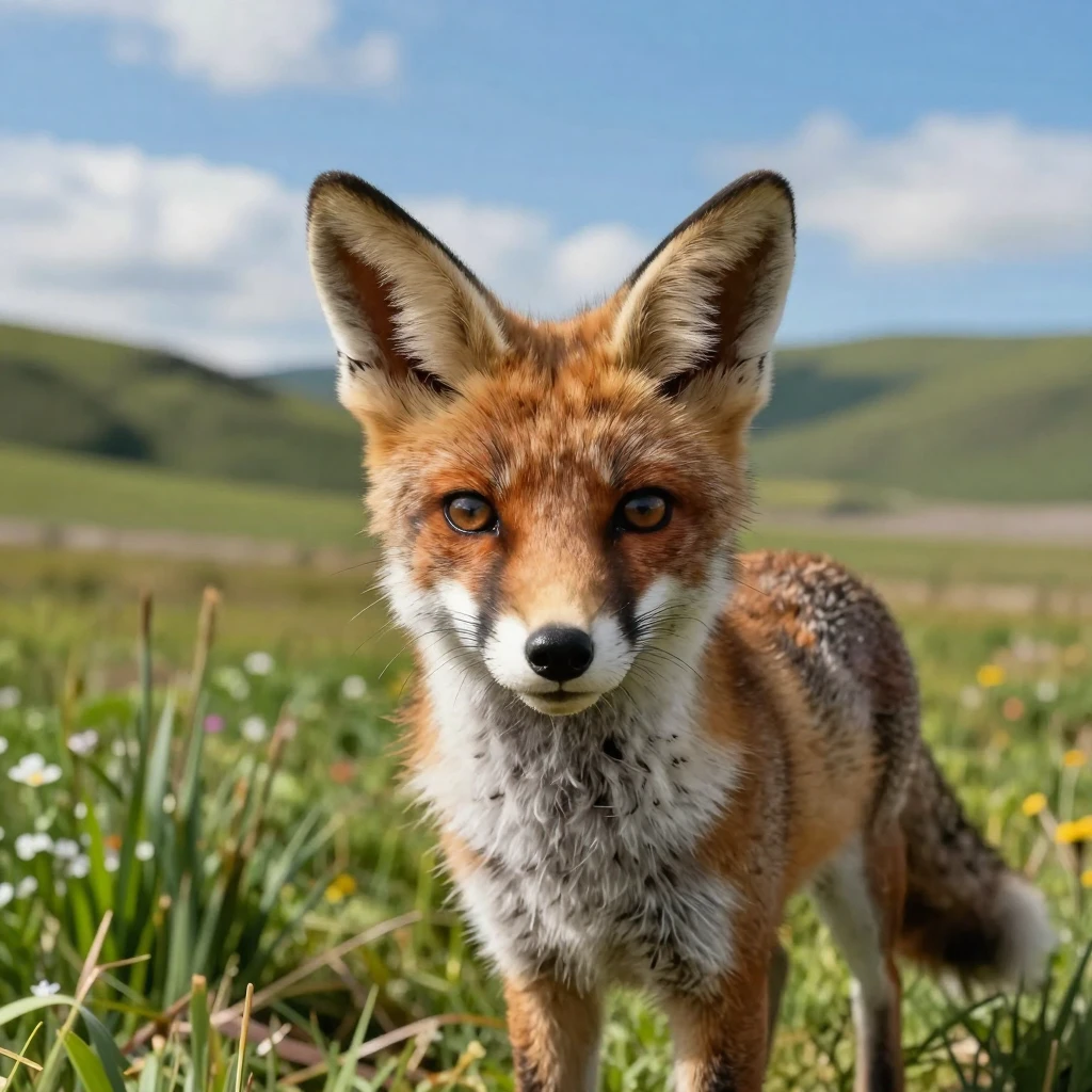 Beautiful landscape in the background, a cute animal look into the camera. The lighting is bright. professional shot