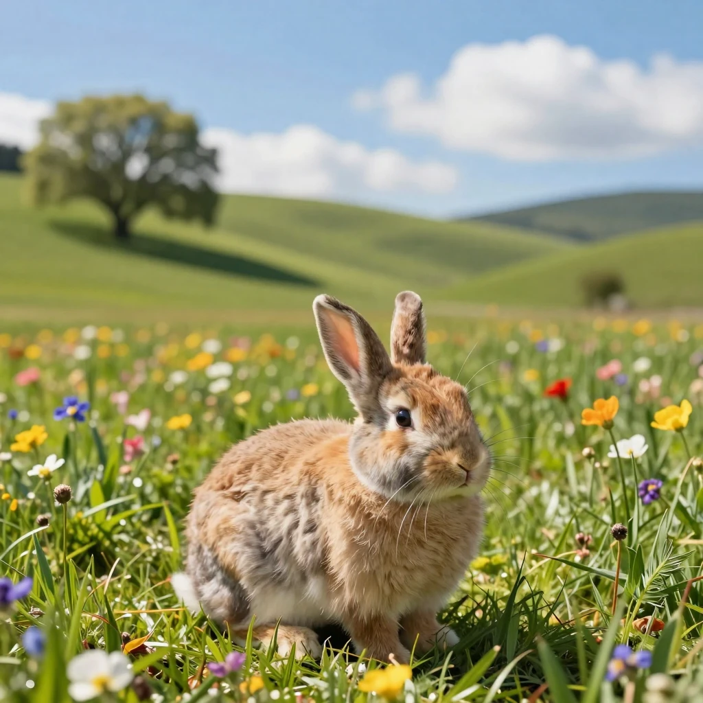 Beautiful landscape in the background, a cute rabbit in the foreground. The lighting is bright. professional shot