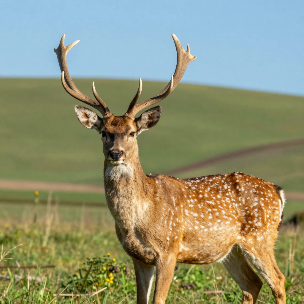 Beautiful landscape in the background, a deer in the foreground. The lighting is bright. amateur shot
