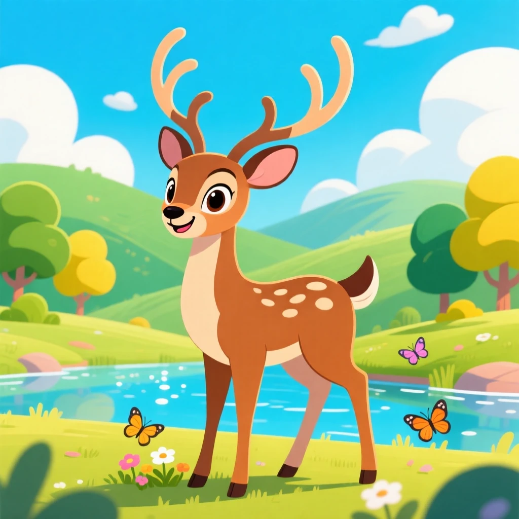 Beautiful landscape in the background, a deer in the foreground.