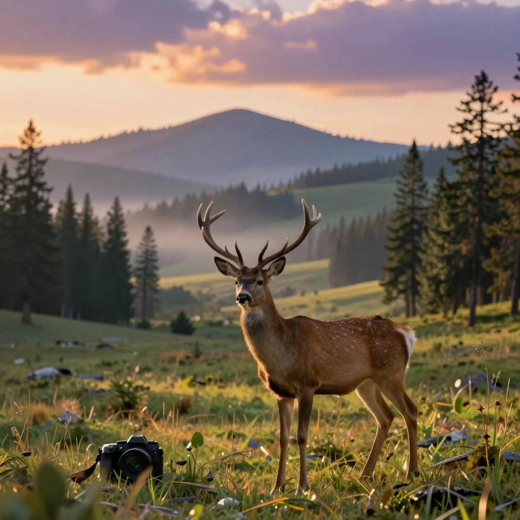 Beautiful landscape in the background, a deer in the foreground.