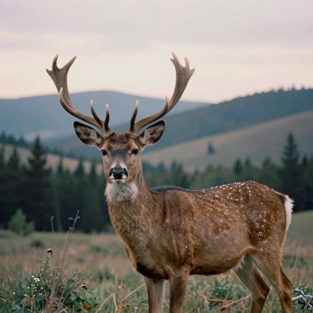 Beautiful landscape in the background, a deer in the foreground.