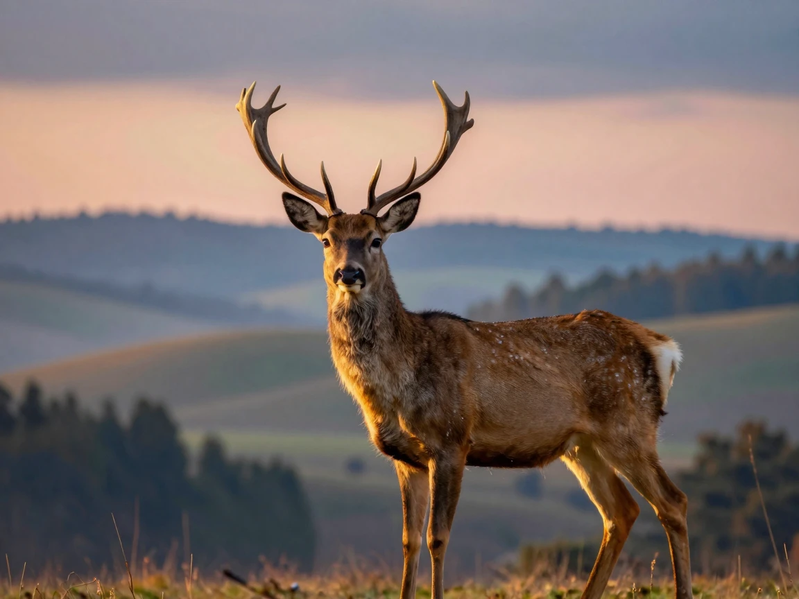 Beautiful landscape in the background, a deer in the foreground.