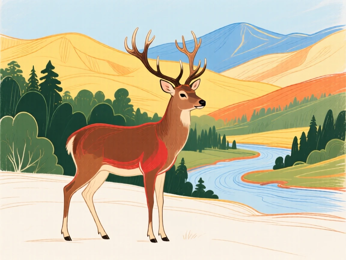 Breathtaking landscape in the background, a deer in the foreground.