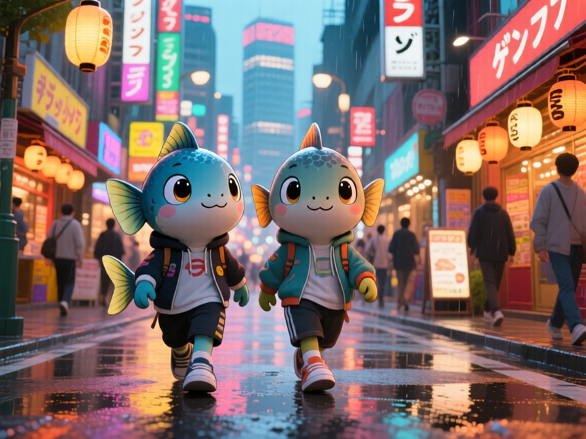 Two cute fish characters walking on the street of Tokyo