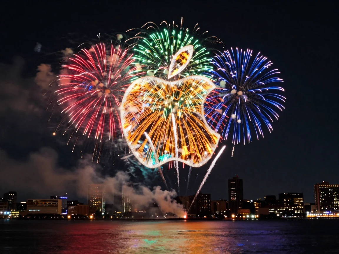 Create a spectacular fireworks display photograph over a waterfront cityscape at night. The fireworks should burst in the exact shape and form of the Apple logo, perfectly replicating its distinctive design, proportions, colors, and silhouette. Match every color from the logo precisely in the fireworks - placing each color exactly where it appears in the original logo design. The logo shape should be clearly recognizable and detailed in the fireworks formation against the dark sky. The scene should include a city silhouette in the background, smoke trails from the fireworks, and colorful reflections dancing on the water below. Photorealistic style with professional long exposure photography techniques, sharp focus on the fireworks burst, cinematic composition, 4K quality.