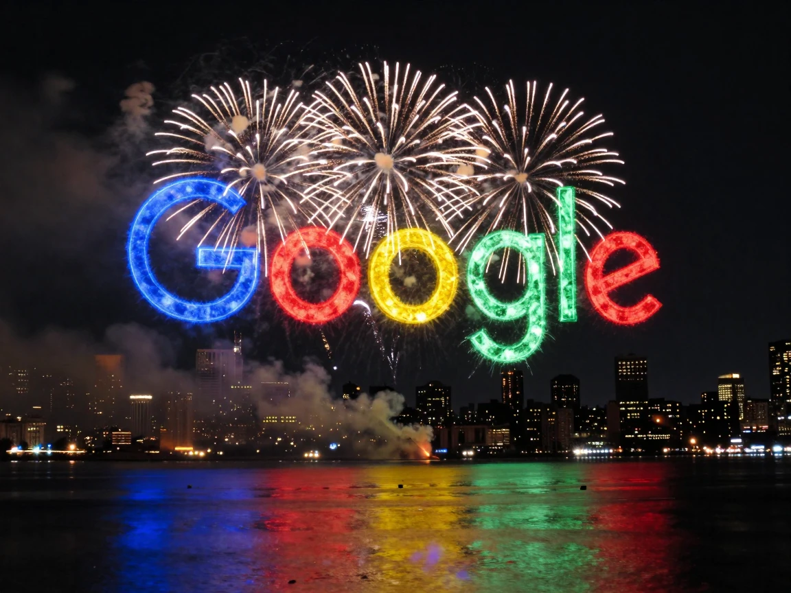 Create a spectacular fireworks display over a waterfront cityscape at night. The fireworks should burst in the exact shape and form of the Google logo, perfectly replicating its distinctive design, proportions, colors, and silhouette. Match every color from the logo precisely in the fireworks - placing each color exactly where it appears in the original logo design. The logo shape should be clearly recognizable and detailed in the fireworks formation against the dark sky. The scene should include a city silhouette in the background, smoke trails from the fireworks, and colorful reflections dancing on the water below. Photorealistic style with professional long exposure photography techniques, sharp focus on the fireworks burst, cinematic composition, 4K quality.