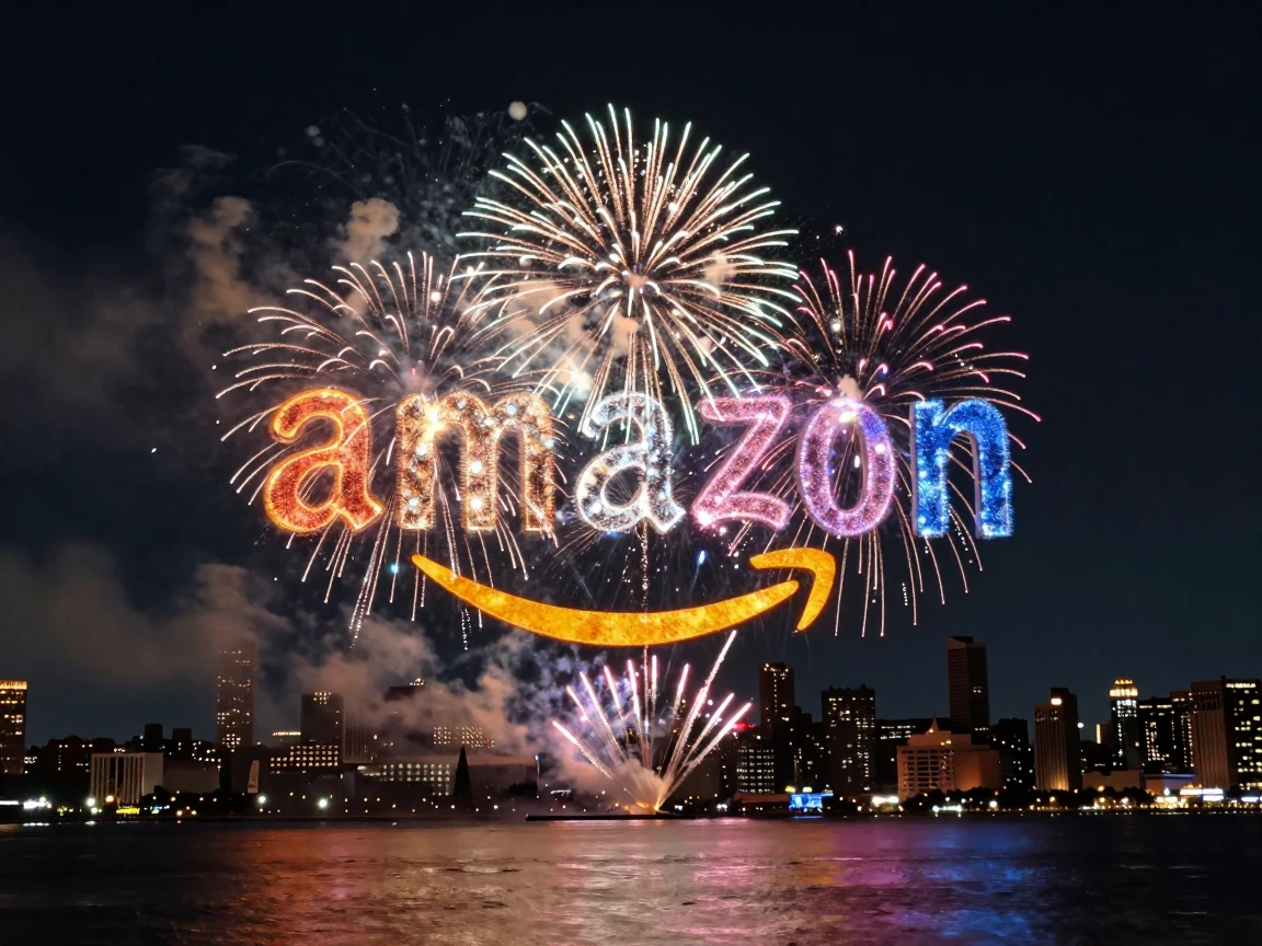 Create a spectacular fireworks display over a waterfront cityscape at night. The fireworks should burst in the exact shape and form of the Amazon logo, perfectly replicating its distinctive design, proportions, colors, and silhouette. Match every color from the logo precisely in the fireworks - placing each color exactly where it appears in the original logo design. The logo shape should be clearly recognizable and detailed in the fireworks formation against the dark sky. The scene should include a city silhouette in the background, smoke trails from the fireworks, and colorful reflections dancing on the water below. Photorealistic style with professional long exposure photography techniques, sharp focus on the fireworks burst, cinematic composition, 4K quality.