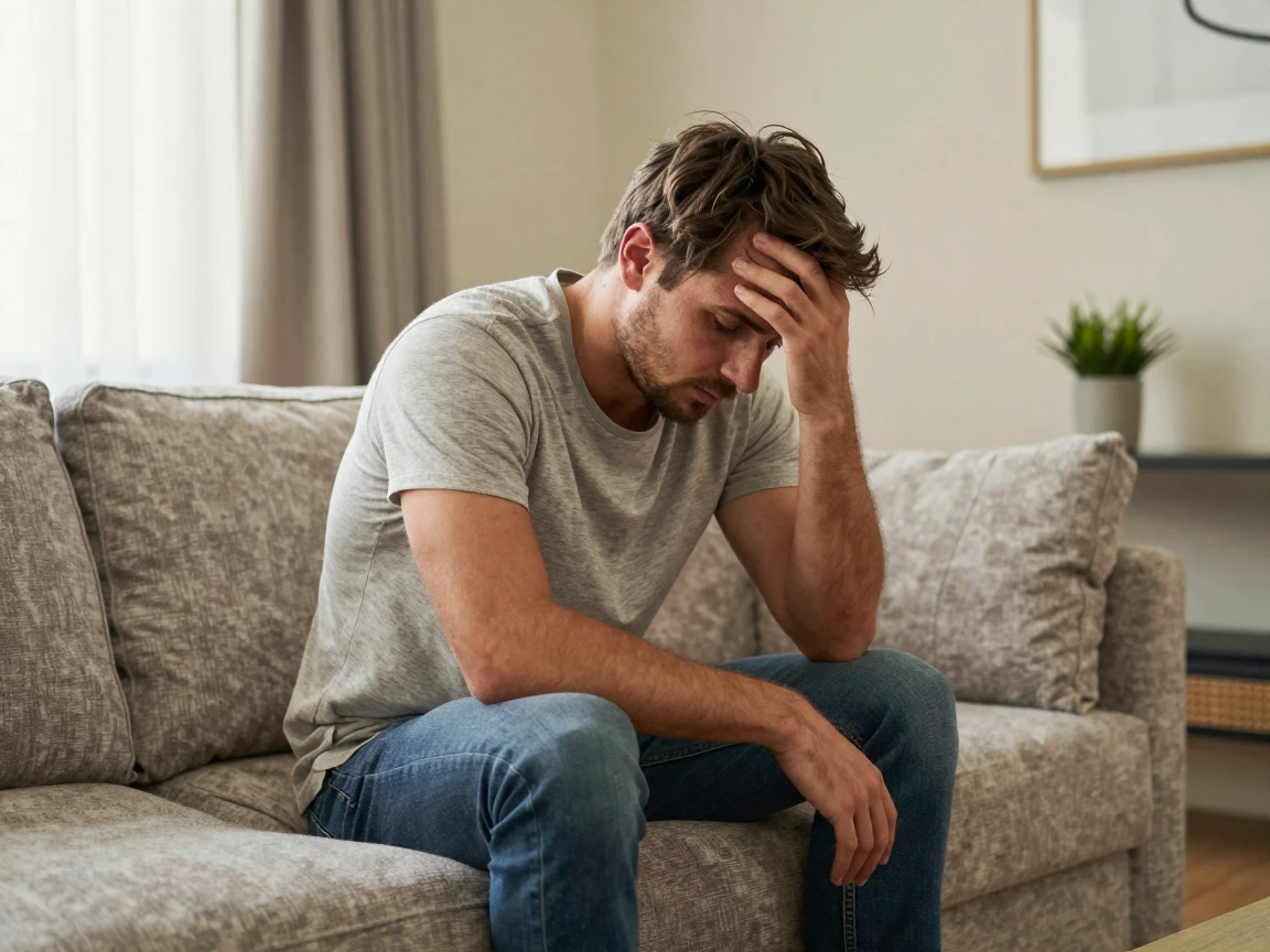 A sad man sitting on a sofa