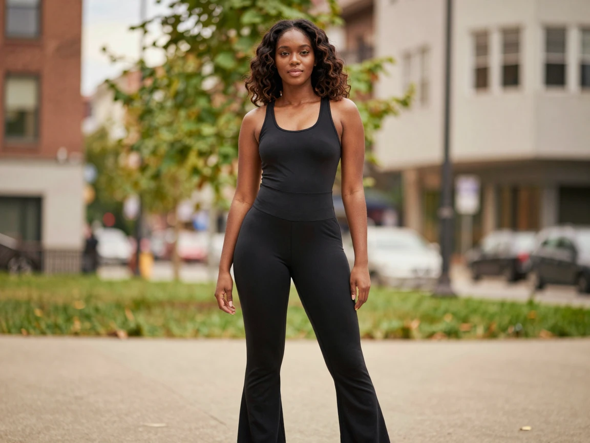 Black girl wearing black flared leggings