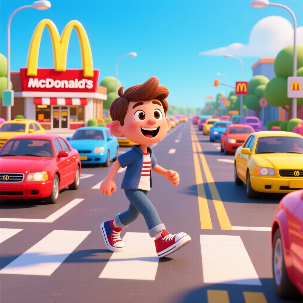 create a thumnail of a game that you walk over a road with cars on it for McDonalds.