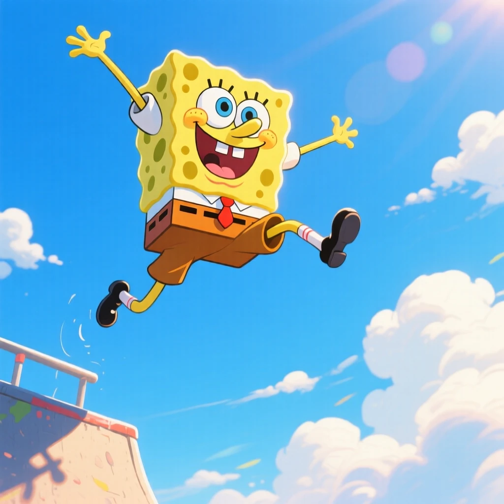 spongebob jumping and doing parkor in the sky
