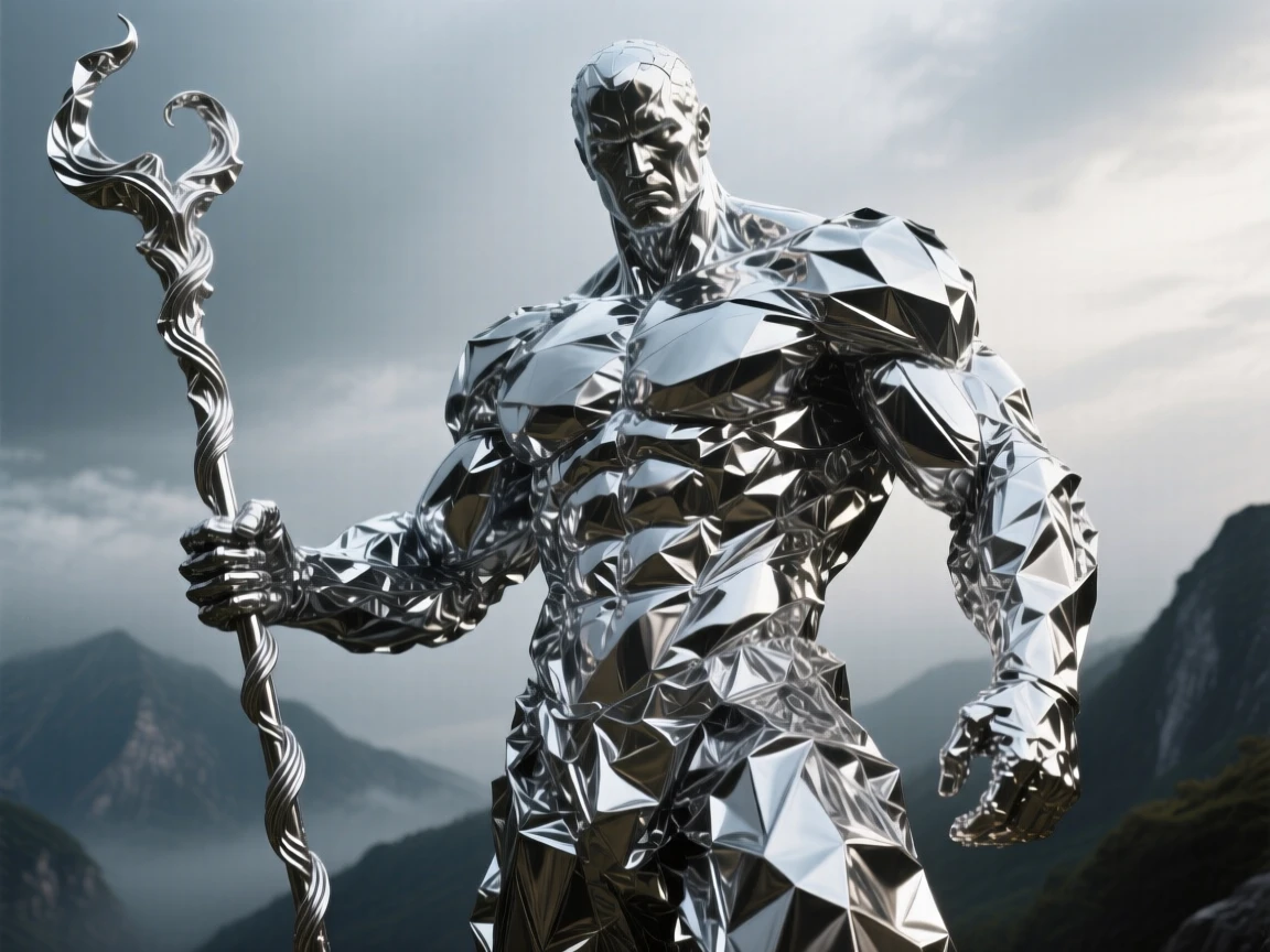 Create an image of a Gigantic tin foil man.He is holding a tin foil staff.