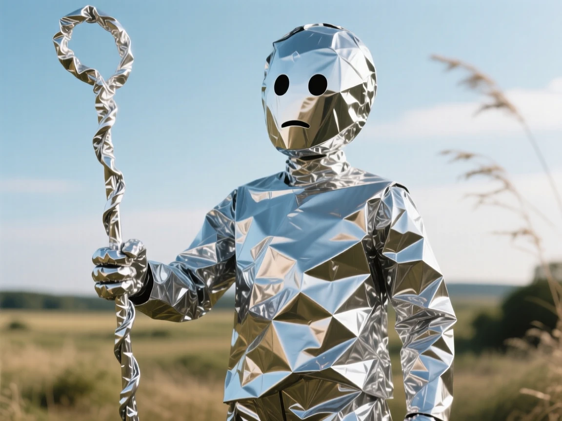 Create an image of a Gigantic tin foil man.He is holding a tin foil staff. He doesn't have eyes or mouth.the style is a little bit more cartoons but still realistic.make it look a lot like tinfoil.almost like a child made it