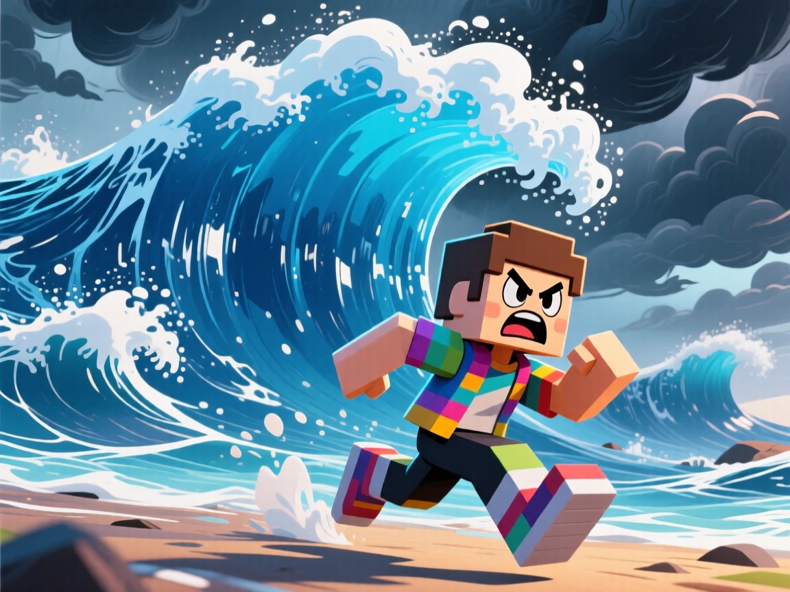 gatcha character running away from a tsunami with a mad face on it roblox