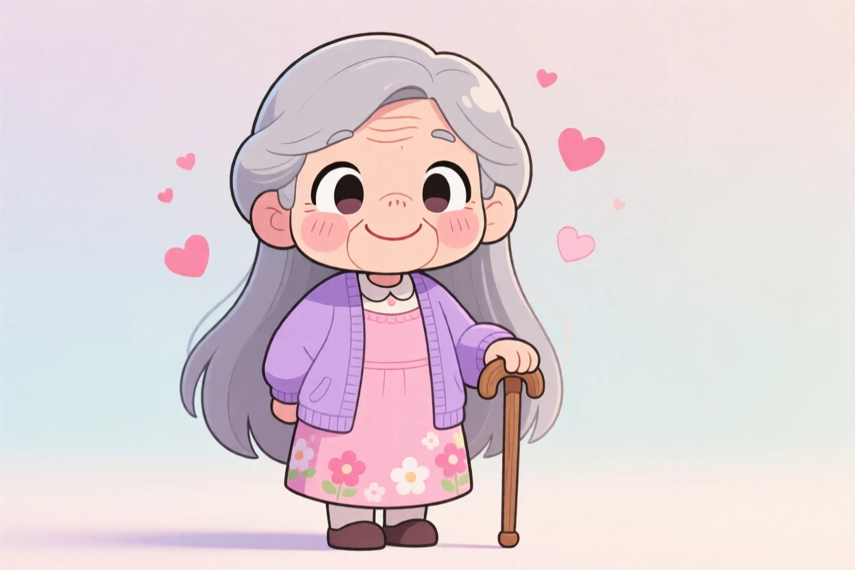 fait moi une mamie avec des cheveux ou sa va jusquau cout et il sont gris