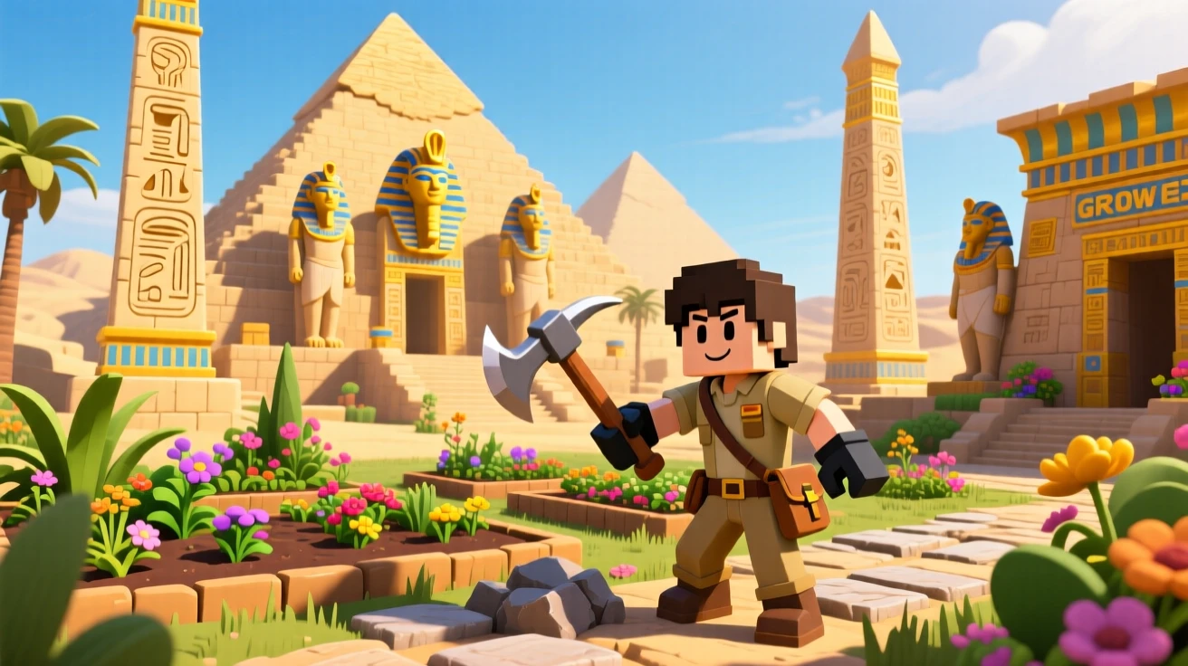 crie uma imagem de uma thumbnail de um jogo do roblox misturado com the forge e grow a garden, estruturas egipcias, com um player com picareta