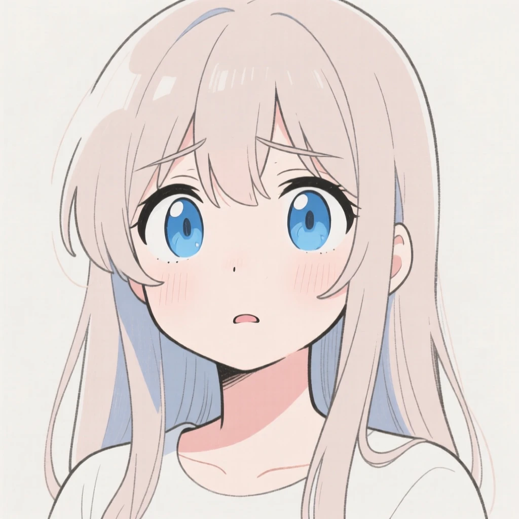 a digitally sketched color doodle of a perplexed an anime character with long hair and big blue eyes character, no text, no embellishments, flat pastel coloring