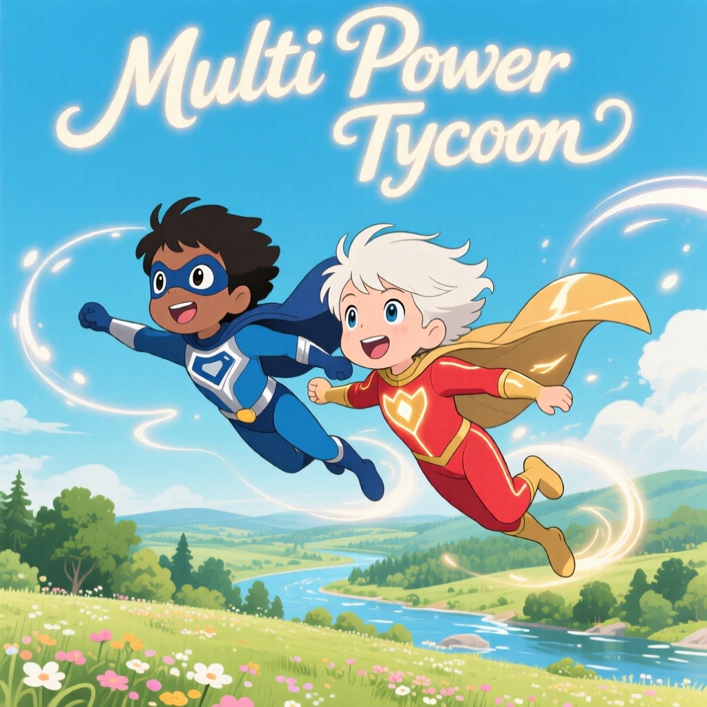 2 kids in super hero suits flying in the air with the name Multi Power Tycoon but one kid is black and one kid is white